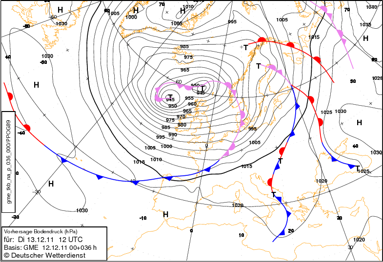 carte des fronts et isobares (wetterzentrale.de) / Cliquer pour lien